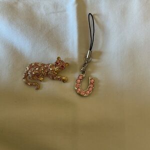 Pink Rhinestone Leopard Pin and Horseshoe Key ring charm
